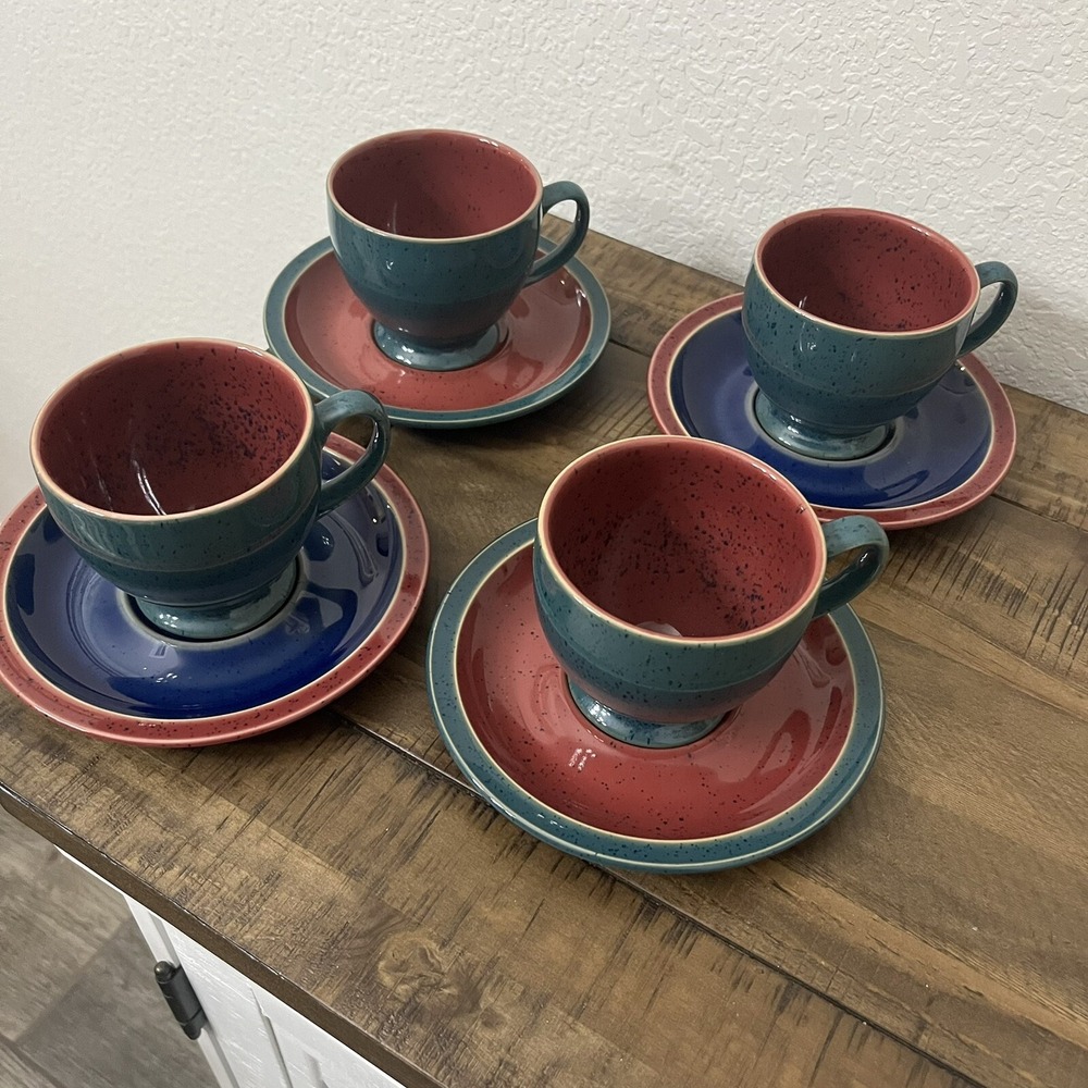Denby Harlequin Footed Tea Cups‎ and Saucers Pottery set of 4 Made England